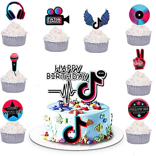 TIK Tok Happy Birthday Cake Topper24 Pcs Tik Tok Cupcake Toppers Music Note Cupcake Toppers for Girls Music Karaoke Themed Party Supplies and TIK Tok Birthday Party Decorations