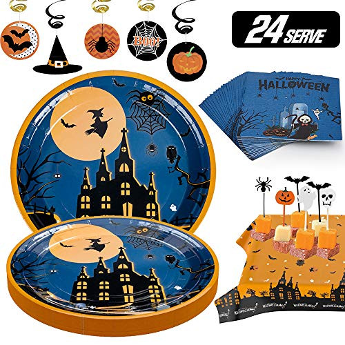 Halloween Party Supplies Disposable Halloween Plates Set 24 9 plates 24 Napkins Paper 24 Hanging Swirls 24 Cake Toppers 2 Table Covers Orange Blue Tableware Decorations Pumpkin Skeleton Witch for Halloween Theme Party Dinnerware Halloween Party Supplies Disposable Halloween Plates Set 24 9 plates 24 Napkins Paper 24 Hanging Swirls 24 Cake Toppers 2 Table Covers Orange Blue Tableware Decorations Pumpkin Skeleton Witch for Halloween Theme Party Dinnerware
