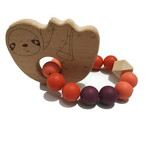 Alenybeby Silicone Beads Teether Bracelet Wood Teething Bracelet Beech Wooden Sloth Teether Toddler Nursing Stroller Accessories Sloth
