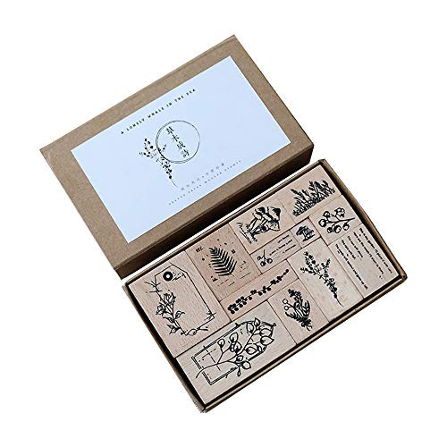 12pcs Plants Flowers Stamps Set Doraking Vintage Decorative Wooden Rubber Scrapbook Stamps Set for Diary Planner DecorationVegetation Poem