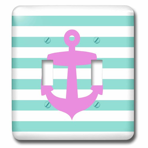 3dRose LSP_57475_2 Retro Nautical Pink Anchor with Teal Turquoise Blue Sailor Pattern-French Breton Stripe Double Toggle Switch