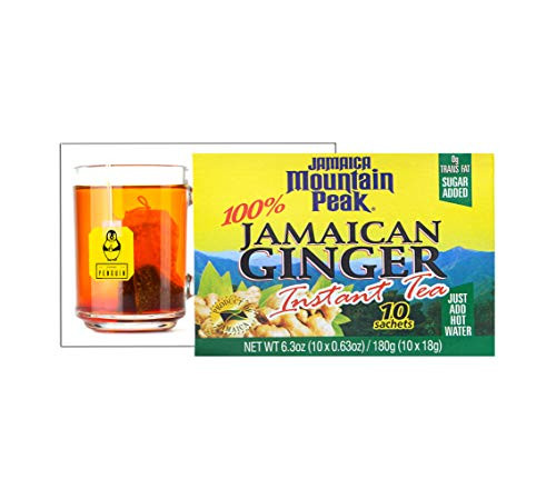 Mountain Peak Jamaican Instant Ginger Tea Bundle 3 Pack  Sugar Added  63 Oz 180 g  10 Sachets  Experience the Taste of Jamaican Ginger  Comes with a Premium Penguin Tea Card