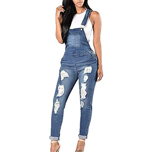 shopping denim Womens Adjustable Strap Slim Fit Ripped Distressed Stretch Long Jumpsuit Denim Bib Overalls Romper Large Light Blue