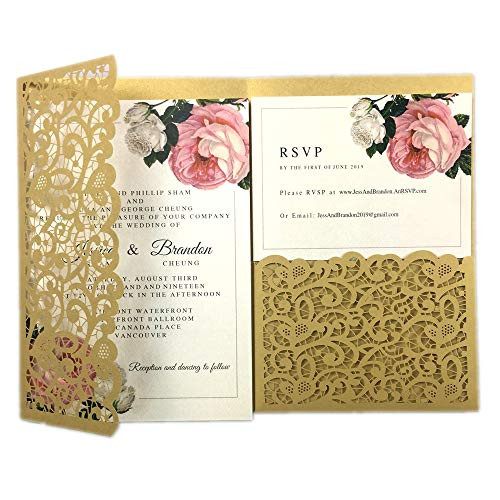 25pcs 5x728 dark gold Vintage Tri Fold Wedding Invitations Cards pocket Pearl Paper Laser Cut Hollow Carving Greeting invites Covers only no envelope no insert