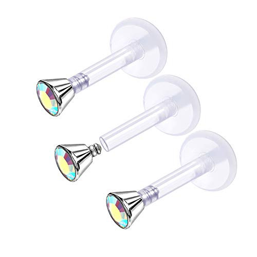 3Pcs Flexible Clear 16g 14 6mm cz labret Piercing Jewelry Monroe Cartilage Medusa Tragus 25mm Aurora Borealis Crystal M5035