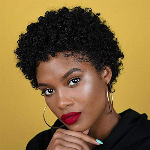 Short Afro Curly Human Hair Wigs for Black Women Pixie Cut Kinky Curly Short Wigs 150 Density Afro Wig for African American Replacement Wigs Natural Black Color 1B