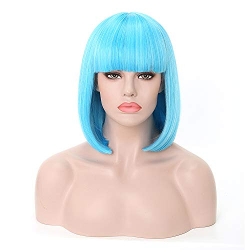 Rosa Star Short Bob Hair Wigs with Flat Bangs Straight Synthetic Colorful Costume Cosplay Wig for WomenLight Blue