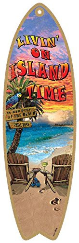 (SJT96235) Livin' on island time 5" x 16" Surfboard Wood Plaque featuring the artwork of Michael Messina