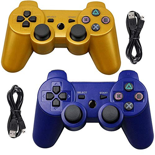 Tidoom PS3 Controller Wireless Playstation 3 Controller Bluetooth Gamepad Compatible for PS3 Controller Joystick with Charging Cables Blue Gold 2 Pack