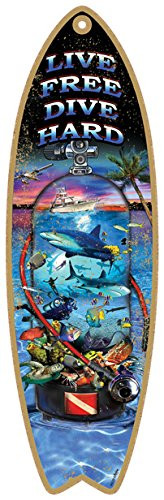 (SJT96229) Live free dive hard 5" x 16" Surfboard Wood Plaque featuring the artwork of Michael Messina