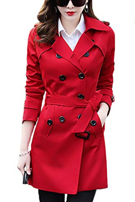 FARVALUE Womens Double Breasted Trench Coat Classic Belted Lapel Overcoat Red Medium