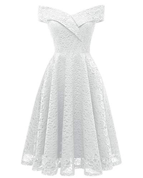 ANCHOVY Womens Floral Lace Cocktail Party Dress Vintage Off Shoulder Bridesmaid Swing Dress C79 White M