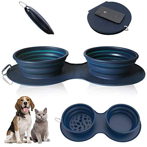 Aibada Double Collapsible Dog Bowl Food Grade Silicone BPA Free Portable Dog Bowl Foldable Cup Dish for Pet Cat Food Water Feeding Portable Travel Bowl Dark Blue