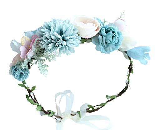 LLinfflr Floral Crown Boho Flower Headband Hair Wreath Floral Halo Headpiece with Ribbon Wedding Party Photos Blue LLinfflr Floral Crown Boho Flower Headband Hair Wreath Floral Halo Headpiece with Ribbon Wedding Party Photos Blue