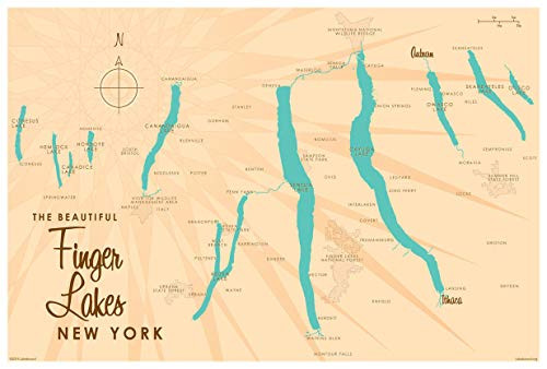 Finger Lakes New York Map Giclee Art Print Poster by Lakebound 12 x 18