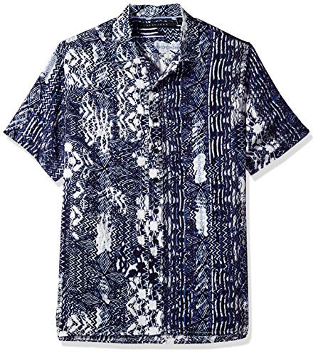 Sean John Mens Short Sleeve Printed Button Down Shirt Bright White L