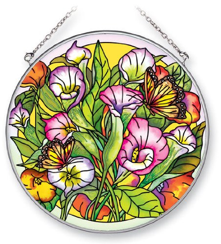 Amia Suncatcher Featuring Butterflies in a Floral Design Hand Painted Glass 612Inch Circle