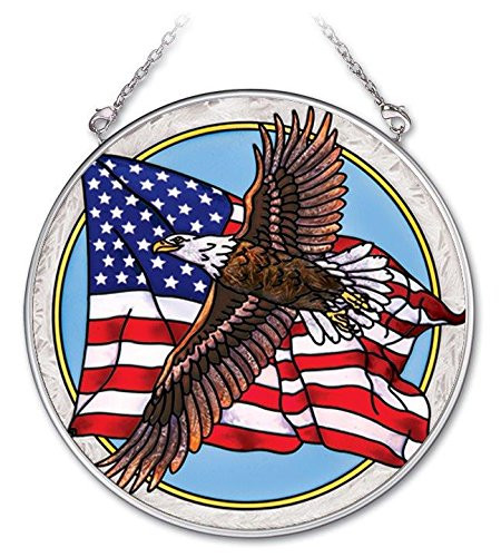 Amia 412Inch Circle HandPainted Glass Suncatcher Eagle and USA Flag Medium