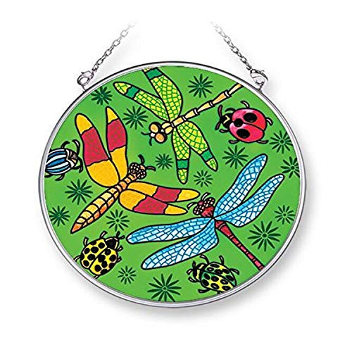 Amia Dragonflies and Ladybugs HandPainted Glass Circle Suncatcher 412 Inches 42276 412