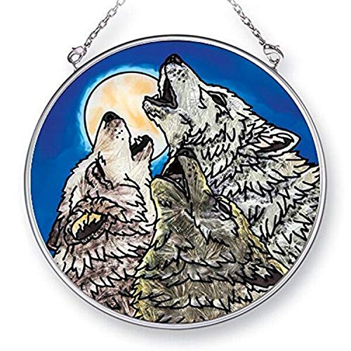 Amia Wolf Trinity HandPainted Glass Circle Suncatcher 412 Inches 42431