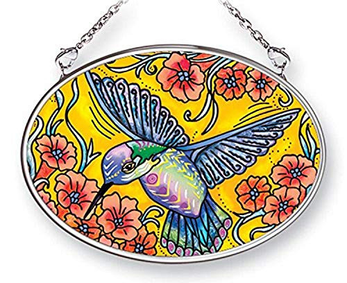 Amia Blue Hummingbird HandPainted Glass Oval Suncatcher 414 Inches Long 42488