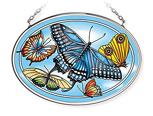 Amia Blue Skies Butterfly Handcrafted Glass Suncatcher Small Oval Multicolored