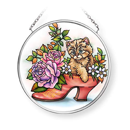 Amia Cat in Shoe Small Circle Glass Suncatcher Multicolored
