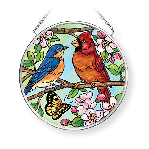 Amia Bluebird and Cardinal Small Circle Glass Suncatcher Multicolored