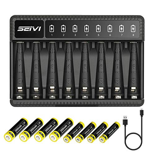 SEIVI 8 Bay AA AAA Battery Charger with Rechargeable AA Batteries 4 Pack 2800mah and Rechargeable AAA Batteries 4 Pack 1000mah  NiMh Rechargeable Batteries 4AA  4AAA  SN8