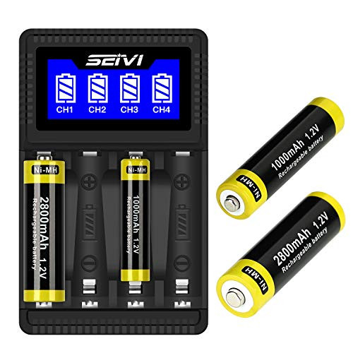 SEIVI 2800mAh NiMH AA Rechargeable Batteries 4 Pack 1000mAh AAA 4 Pack and LCD Smart AA AAA NiMH Rechargeable Battery Charger  2A USB Charging Port SN044AA4AAA