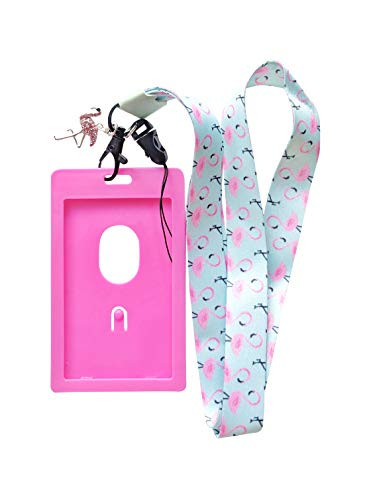Pink Flamingo Print Lanyard wID Badge Holder and Charm Pink