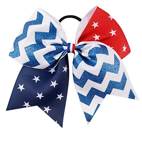 USA Red White Blue Girls Cheer Hair Bow Ties America Flag Glitter Hair Ribbons Bows with Elastic Tie Blue Wave