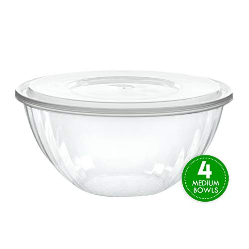 Plasticpro Disposable 96 Ounce Round Crystal Clear Plastic Serving Bowls With Lids Party Snack or Salad Bowl Chip Bowls Snack Bowls Candy Dish Salad Container Pack of 4