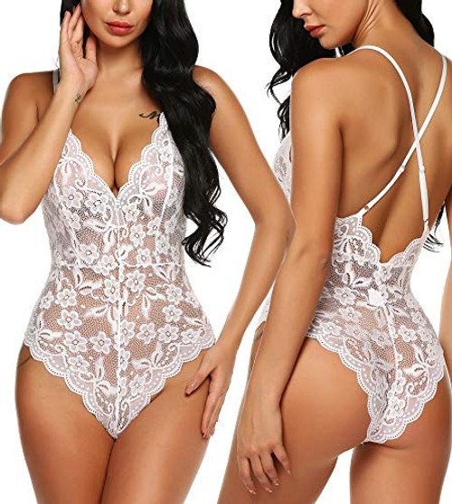 RSLOVE Women Deep V Lace Teddy Lingerie One Piece Babydoll Mini Bodysuit White M RSLOVE Women Deep V Lace Teddy Lingerie One Piece Babydoll Mini Bodysuit White M