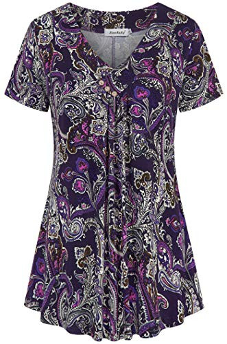 Ninedaily Womens Tunic Summer Short Sleeve Top Loose V Neck Dressy Shirt Blouse LUS 1214 Purple