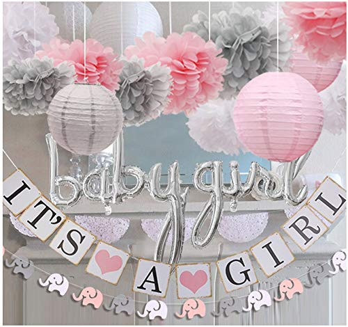 luckylibra Girl Baby Shower Decorations It is a Girl Banners Baby Girl Foil Balloons Elephant Garland Paper Lantern Paper Flower Pom Poms ?Pink White Grey? luckylibra Girl Baby Shower Decorations It is a Girl Banners Baby Girl Foil Balloons Elephant Garland Paper Lantern Paper Flower Pom Poms ?Pink White Grey?