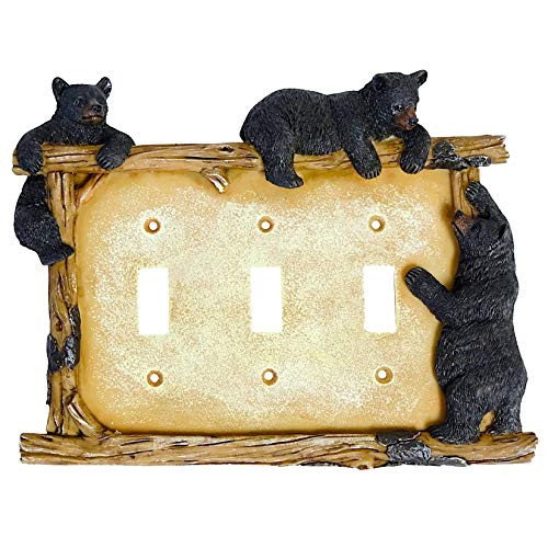 Black Bear on Log Triple Switch Cover Cabin Lodge Style Home Decor