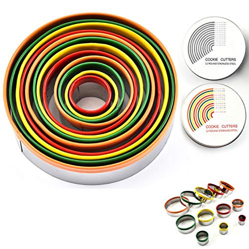 Round Cookie Biscuit Cutter Set  12 Pack Pastry Cutters in Graduated Sizes for Donut Dough Fondant Clay  Stainless Steel Circle Cutter Cake Ring Molds with Colorful Rubber Coating Colorful