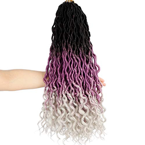 Ouyafei 5Pack Wavy Faux Locs Braids Crochet Hair 20inch Ombre Purple Grey Braiding Hair Goddess Locs with Curly Ends Synthetic Twist Crochet Hair Extensions 1BPurpleGrey#500gLot