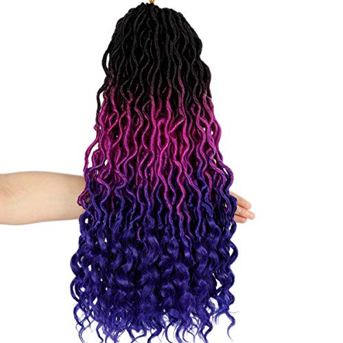 Ouyafei 5Pack Wavy Faux Locs Braids Crochet Hair 20inch Ombre Purple Blue Braiding Hair Goddess Locs with Curly Ends Synthetic Twist Crochet Hair Extensions 1BPurpleBlue#500gLot