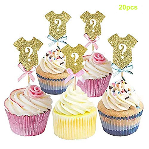 Nenluny 20 x Golden Glitter Gender Reveal Cupcake Toppers Boy or Girl Baby Shower Party Question Mark Cake Topper Decoration Supplies