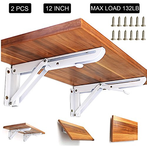 MIKIKI 2 Pcs 12 inch Sturdy Folding Shelf Brackets - Heavy Duty White Metal Triangle Table Bench Folding Shelf Bracket 12 inch, Folding Shelf Hinge Wall Mounted, Max Load 132lb