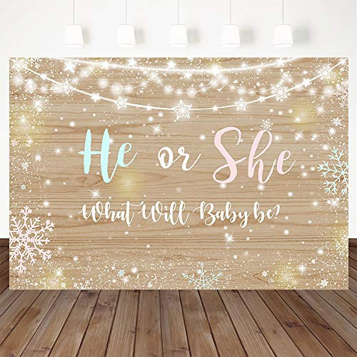 Avezano Winter Gender Reveal Backdrop 7x5ft Vinyl Rustic Wood Snowflake Gender Reveal Party Decorations Twinkle Lights Gender Reveal Banner Photography Background