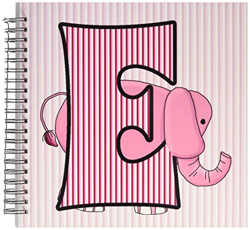 3dRose db628502 E is for Elephant in Pink for Girls Baby and Kids Monogram E in Striped Prints Memory Book 12 by 12Inch