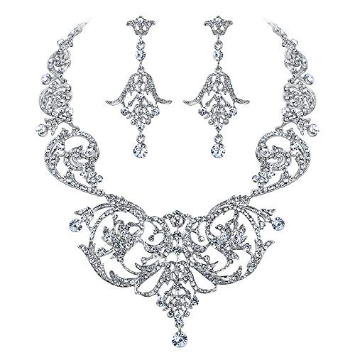 EVER FAITH Bridal SilverTone Art Deco Flower Leaf Necklace Earrings Set Clear Austrian Crystal