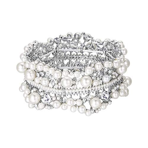 EVER FAITH Austrian Crystal Simulated Pearl Bridal Flower Stretch Bracelet Clear SilverTone EVER FAITH Austrian Crystal Simulated Pearl Bridal Flower Stretch Bracelet Clear SilverTone