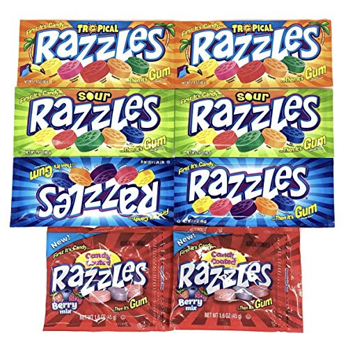 Razzles Gum Candies Variety Pack of 4 Flavors Berry Fizzles Sour Tropical  and Original 2 of each flavor Total of 8