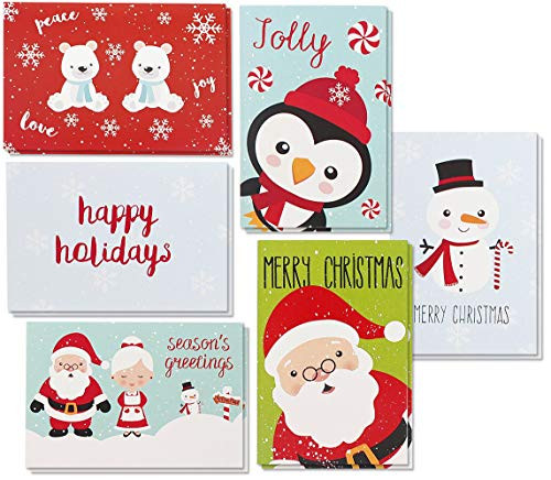 48Pack Christmas Greeting Card  Assorted Holidays Xmas Cards in 6 Festive Character Designs with Penguin Snowman Santa Polar Bears and Snowflakes Envelopes Included 4 x 6 Inches