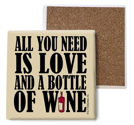 (SJT04059) All you need is love and a bottle of wine Absorbent Stone Coasters, 4-inch (4-pack)