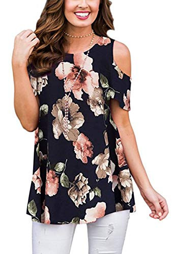Womens Summer Cold Shoulder Shirts Short Sleeve Floral Printed Casual Loose Swing Tunic Blouse Tops